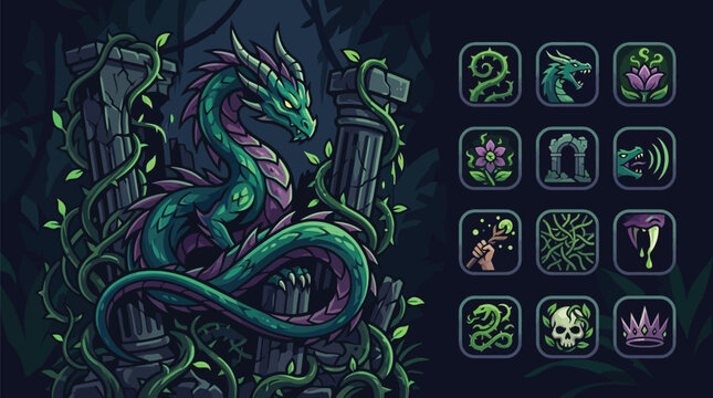 Teal and purple dragon coiled around ancient stone ruins and vines in a dark jungle setting with 12 matching fantasy game ability icons for user interface design.