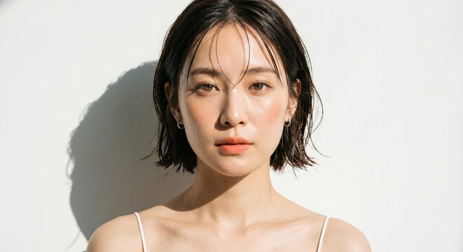 Close up beauty portrait of young Asian woman with glowing hydrated skin and wet hair standing in harsh natural sunlight against white wall