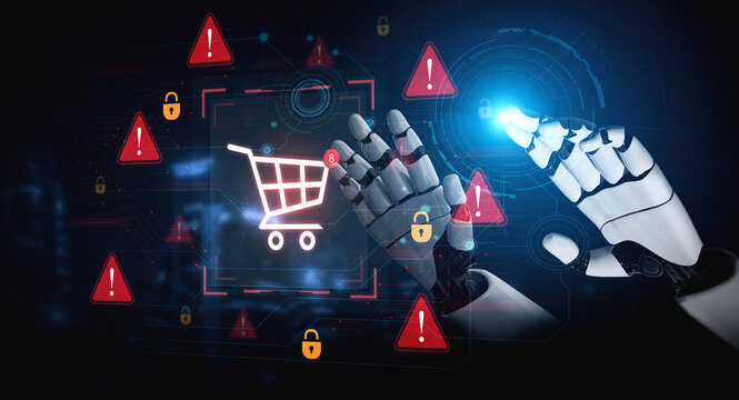 An AI assistant detects a cybersecurity risk during an online shopping transaction. The smart system issues a security warning to protect the user from potential payment fraud. Fermion