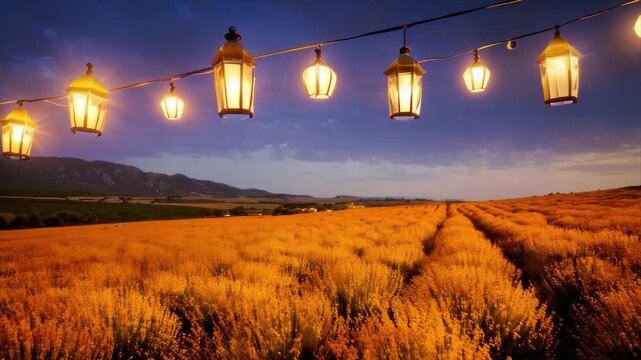 Evening landscape with lit lanterns over a golden field under a dusk sky and distant hills