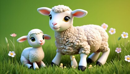 Fototapeta premium Lamb and Baby Sheep in Flower Meadow