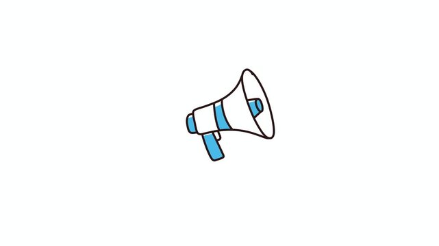 Animated hand-drawn doodle megaphone loudspeaker with blue accent on white background. Cartoon wiggle motion graphic for marketing, announcement, promotion, and business content
