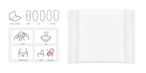 Sanitary pad in individual packaging mockup with instruction set icons.  Vector illustration isolated on white background. Сan be used for healthcare, medical and other needs. EPS10. © realstockvector