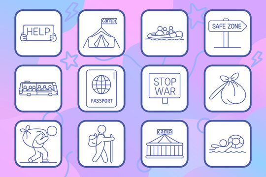Refugee support set icon. Line icons depict help sign, camp tent, people in boat, safe zone sign, bus transport, passport, stop war banner, bag, walking person with bundle, hiking figure