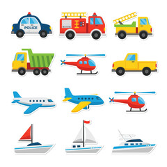 Colorful Cartoon Vehicles: Police Car, Fire Truck, Helicopter, Airplane, Boat, Yacht © febri