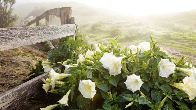 datura. A cluster of datura plants growing wild near a weathered fence in a misty field at dawn. gardening catalogs, home-decor guides, designed for gardening and botanical catalogs.