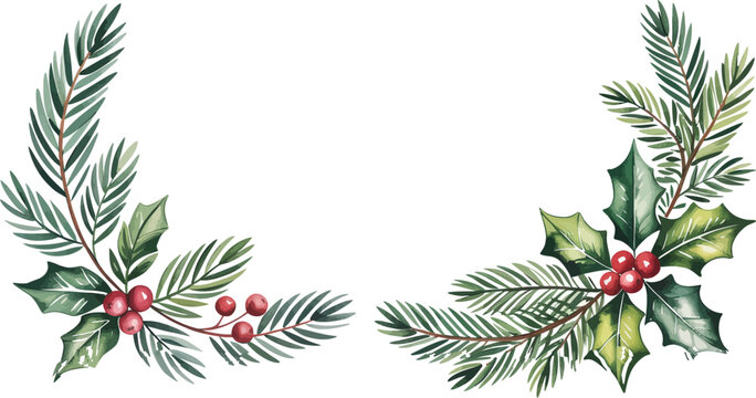 Watercolor christmas floral corner borders with holly berries and pine branches isolated on white background