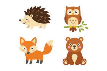 Fototapeta premium Cute woodland forest animals vector element set, fox bear owl hedgehog illustration pack