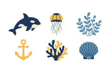 Cute ocean life vector element set, whale jellyfish anchor seaweed shell illustration pack © Hellotatary