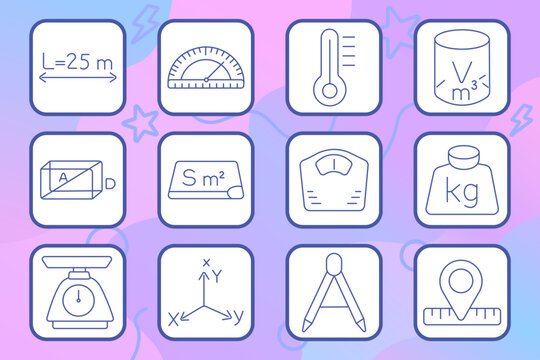 Measurement tools set icon. Linear icons with length scale, protractor, thermometer, volume cylinder, geometry block, area board, weight scale, kilogram mass, balance, axis diagram, compass