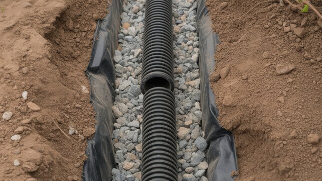 Installation of a French drain system with a corrugated pipe and gravel in a dug trench.
