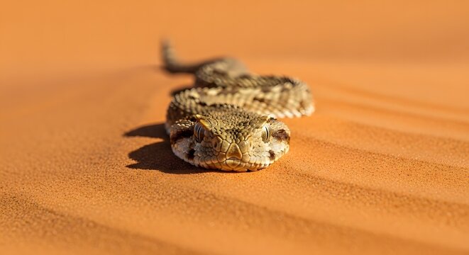 Horned viper snake slithering on desert sand
