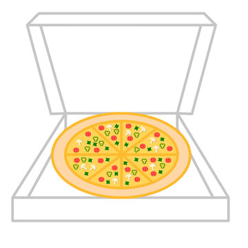 Open pizza in paper box with toppings.Pepperoni cheese pizza in cardboard.Take away and delivery.Delicious Italian fast food.Sign, symbol, icon and logo for restaurant or menu.Vector illustration.
