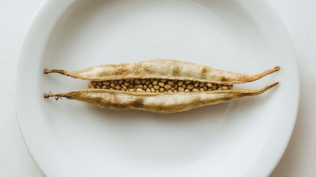 beniseed. A dried sesame pod split open on a white plate, revealing tiny seeds. gardening catalogs, home-decor guides, designed for home decor and floral branding, used by chefs.
