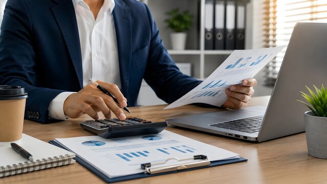 Businessman working on payroll calculation in office holding charts and using calculator