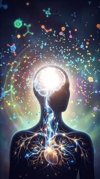 Hormone balance for daily wellness concept art with glowing human silhouette neural energy flow vibrant mind body connection colorful molecule inner energy abstract medical science fantasy digital