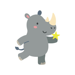 Cute baby rhino holding star vector illustration, funny rhinoceros cartoon character © Hellotatary