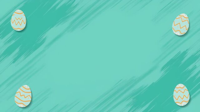 A vibrant teal background with a brushed texture and four decorated Easter eggs positioned in each corner.