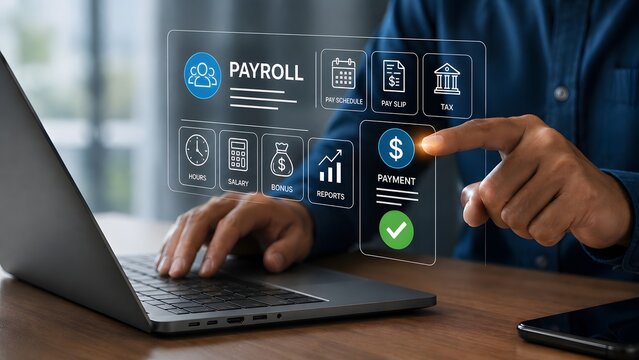 Corporate professional approving digital payroll payment on futuristic holographic dashboard interface