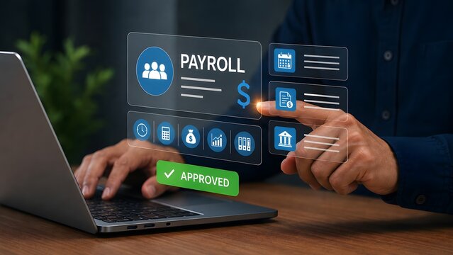 Manager approving employee payroll and salary through advanced digital software interface on laptop