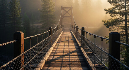 Fototapeta premium Misty Morning Suspension Bridge Over River in Forest