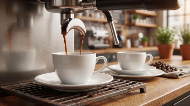 Espresso pouring into cup on matching saucer from coffee machine, rising steam, caf&eacute; setting, 4K video