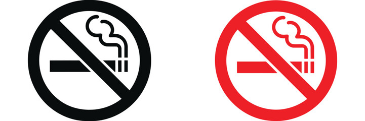 Smoking Prohibition icon set, No Smoking and Stop symbol in black and red silhouette vector style for health safety and warning signage design. © HossenMuhammod MunnA