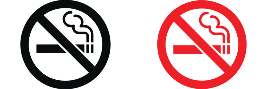 Smoking Prohibition icon set, No Smoking and Stop symbol in black and red silhouette vector style for health safety and warning signage design.