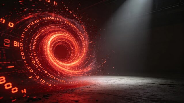 Crimson red binary cyclone glowing digits storm