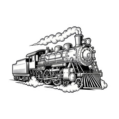 Vintage Steam Locomotive Illustration - Black and White Retro Train © jambu