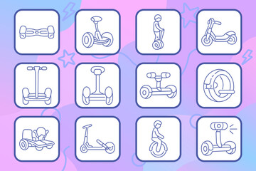 Personal transport devices set icon. Linear icons with hoverboard, segway, rider, electric scooter, standing scooter, self balancing vehicle, mono wheel, go kart, scooter variants, mobility © Кирилл Макаров
