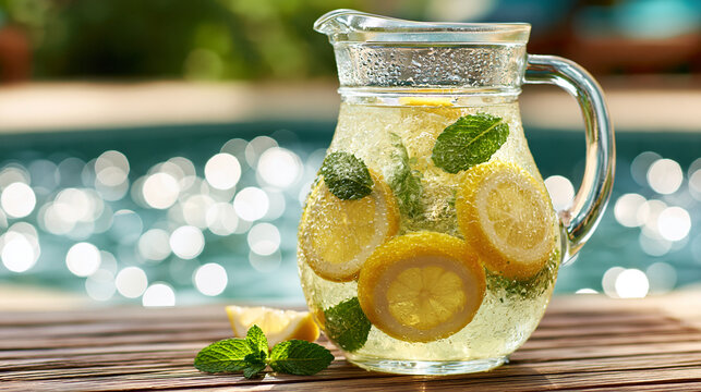 Ice cold refreshing lemonade pitcher with lemon slices and mint on a wooden table on a sunny summer day

