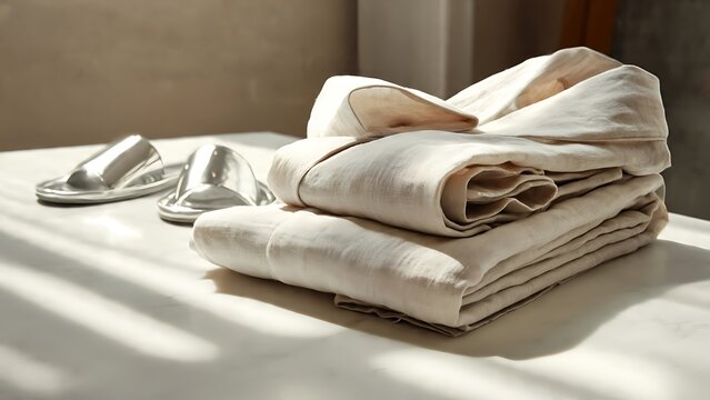 A neatly folded stack of white linens and slippers on a table indoors.