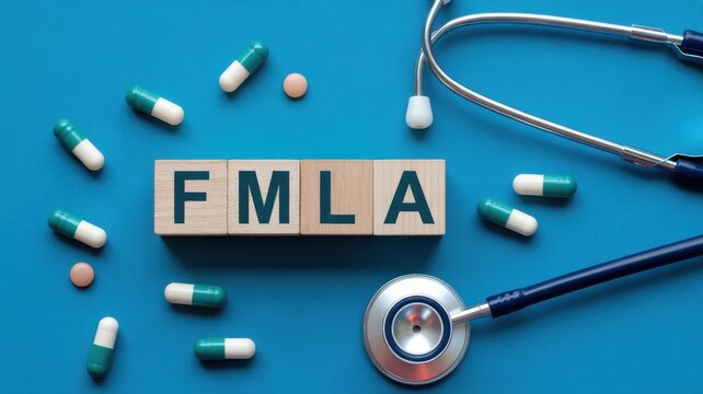 FMLA Family and Medical Leave Act concept with wooden blocks, stethoscope and medicine on blue background