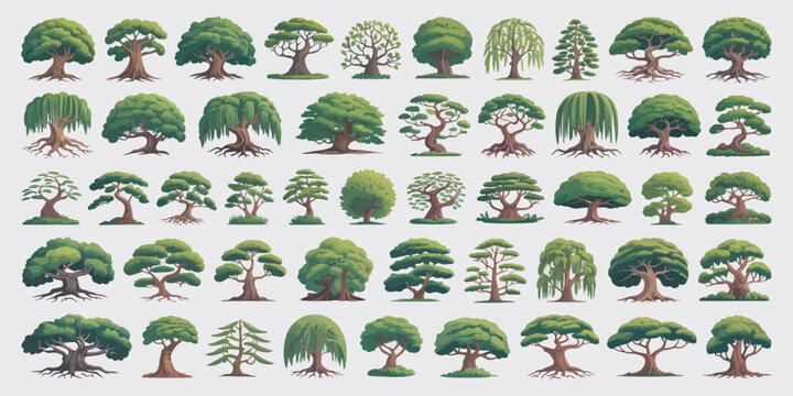 Collection of various pixel art trees in different shapes and styles