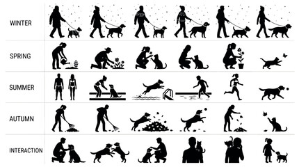 Obraz premium Seasonal Domestic Pet Activities Silhouettes Sets Pack, Editable Vector Stroke Illustrations. containing silhouette, icon, seasonal, pet, dog, cat, people, activity and more Domestic Pets silhouettes