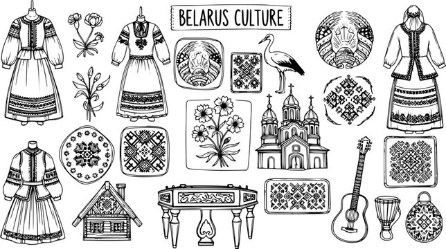 Hand-Drawn Black and White Line Art Set of Belarusian Culture Elements: Folk Costumes, Traditional Patterns, Architecture, Stork, Music, and Symbols.