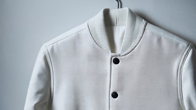 A white jacket with buttons hangs on a hook indoors.