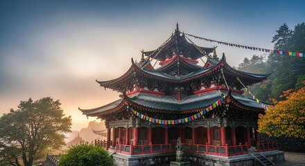 Obraz premium Misty Morning at Ancient Buddhist Temple with Prayer Flags