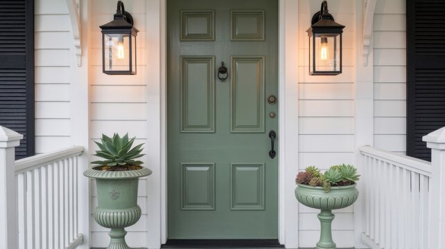 Green front door of a home with white siding, decorative lanterns, and potted succulents on a porch