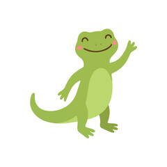Fototapeta premium Cute green lizard standing and waving hand vector illustration, funny reptile cartoon character