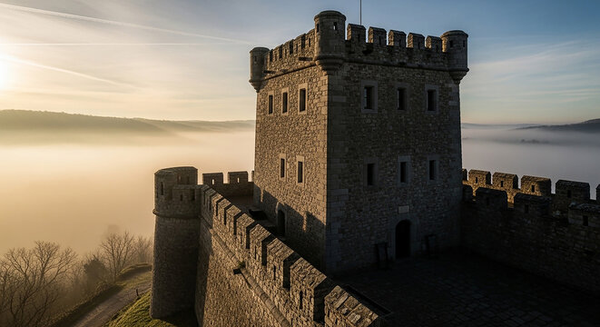 Misty Morning Over Ancient Castle Walls and Tower, Historic Fortification Landscape