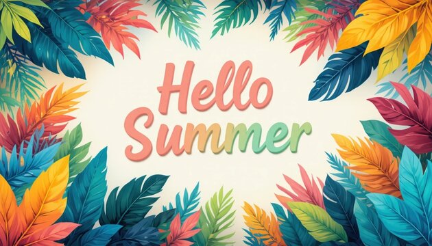 Tropical leaves with Hello Summer text symbolizing seasonal greeting lifestyle joy creativity and festive decorative design concept