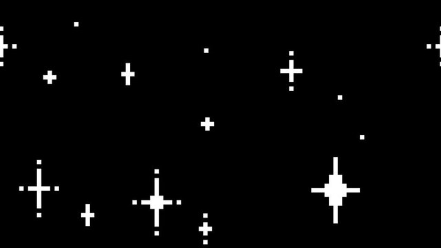 Pixel style star sparkle background with horizontal scrolling motion. Twinkling elements create continuous decorative scene for interface design and retro game visuals.