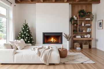 Fototapeta premium Cozy Living Room with Fireplace and Christmas Decor