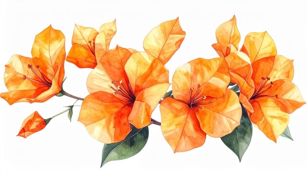Orange Bougainvillea Watercolor Flower Illustration Isolated on White Background