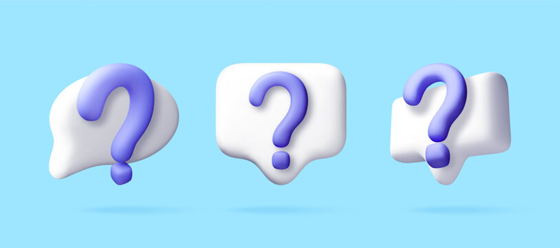 3D question mark icons inside white speech bubbles. Chat message boxes for online support, faq section and customer communication help. Vector illustration