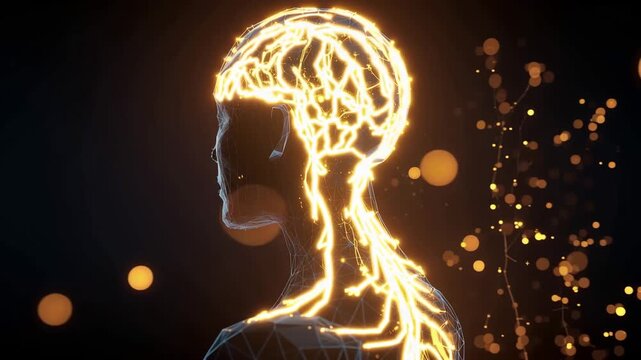 4K Digital representation of human head and brain with glowing neural network connections and light particles on dark background video