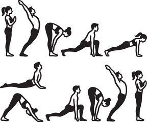 Obraz premium Sun salutation yoga sequence step by step poses line art vector icons set.