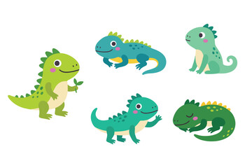 Fototapeta premium Cute iguana lizard activity vector element set, kawaii reptile cartoon characters pack